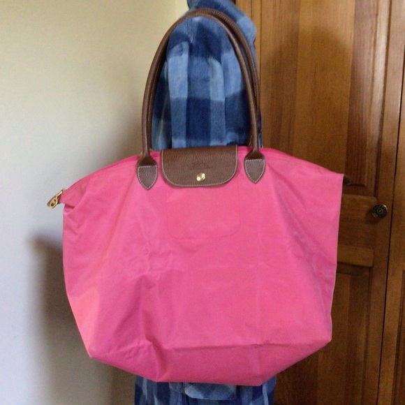 Longchamp Bags Longchamp Le Pliage Shoulder Bag Purse Foldable Pink Fabric Brown Leathe